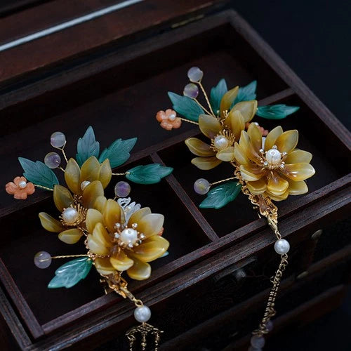 Hanfu Headpiece Set Glass Tassel Hairpin Ancient Style Hair Jewelry 07FC0E-D4 - KOEEK
