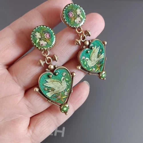 Vintage Peace Dove Earrings Heart Green Enamel Unique Retro Dangle Drops 07FC0E-D4 - KOEEK