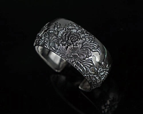 Vintage Wide Cuff Bracelet Peony Flower Open Bangle Ethnic Chic Women Jewelry 07FC0E-D4 - KOEEK