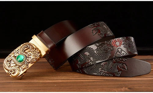 Automatic Buckle Men's Belt  Dragon Designer Leather Belt Gold Buckle Belt 07FC0E-D4 - KOEEK