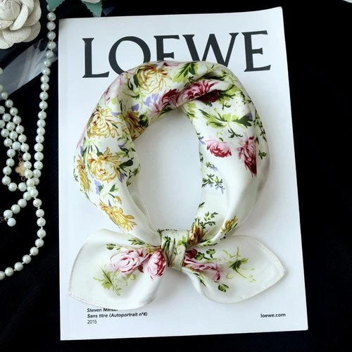 Pure Silk 21" Small Square Scarf Women Neckerchief Black White Flower Wrap 07FC0E-D4 - KOEEK