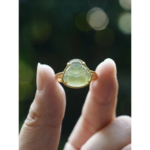 Hetian Jade Ring Female Laughing Buddha Carved Stone Adjustable Jewelry 07FC0E-D4 - KOEEK