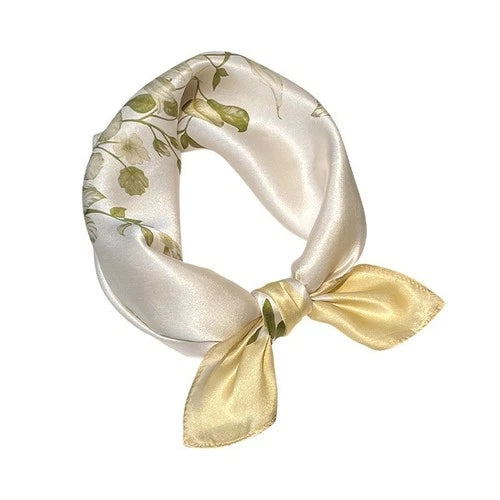 Silk Scarf Bandana Women Yellow Beige Flowers Neckerchief Turban 53*53cm 07FC0E-D4 - KOEEK
