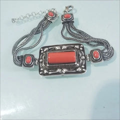 Mongolian Bracelet Vintage Red Inlay Square Ethnic Silver Chain Bracelet Gift 07FC0E-D4 - KOEEK