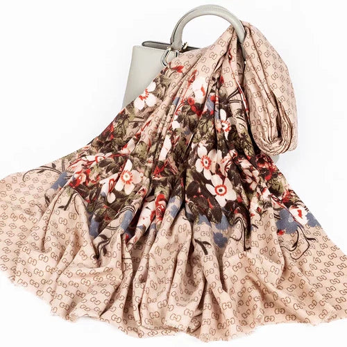 Cotton Linen Scarf 180x80CM Gray Brown Floral Print Long Wrap Shawl for Women 07FC0E-D4 - KOEEK