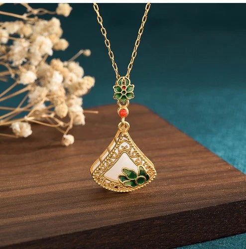 Gold Plated Fan Shape Imitation Hetian Jade Necklace Vintage Style Gift 07FC0E-D4 - KOEEK