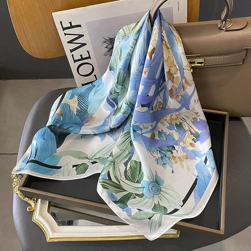 Mulberry Silk 26'' Scarf Vintage Blue Flower Scarf Neck Hairband Bandana 07FC0E-D4 - KOEEK