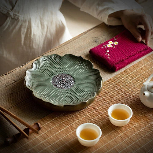 Crude Pottery Tea Tray Lotus Design Ceramic Water Draning Reservoir Serving Tray 07FC0E-D4 - KOEEK