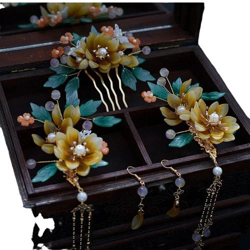 Hanfu Headpiece Set Glass Tassel Hairpin Ancient Style Hair Jewelry 07FC0E-D4 - KOEEK