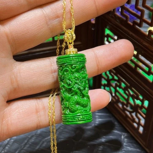 Full Green Cylinder Carved Dragon Pendant Chinese Style Vintage Jewelry 07FC0E-D4 - KOEEK