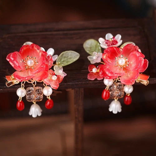 Glass Flower Hair Clip Chinese Style Hanfu Hair Accessory Women Barrette 2pc 07FC0E-D4 - KOEEK