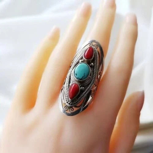 Nepal Handmade Adjustable Ring Red Green Turquoise Ethnic Tibetan Style Jewelry 07FC0E-D4 - KOEEK