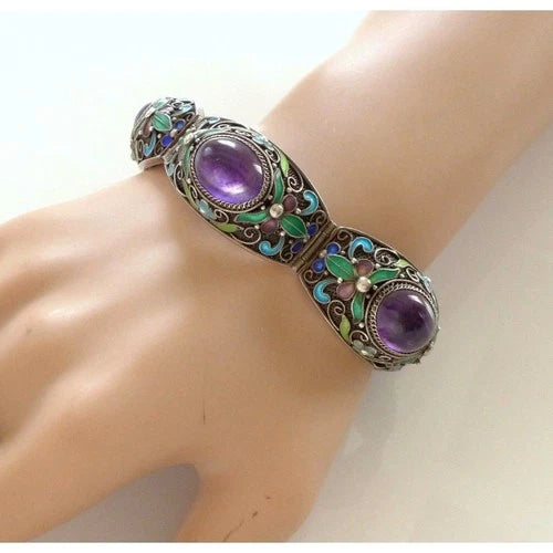 Chinese Silver Filigree Enamel Amethyst Bracelet Ring Set Jewelry Women Men Gift 07FC0E-D4 - KOEEK