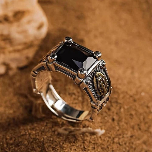 Vintage Black Stone Ring Adjustable Punk Style Hip Hop Fashion Jewelry for Men 07FC0E-D4 - KOEEK