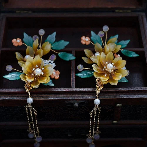 Hanfu Headpiece Set Glass Tassel Hairpin Ancient Style Hair Jewelry 07FC0E-D4 - KOEEK