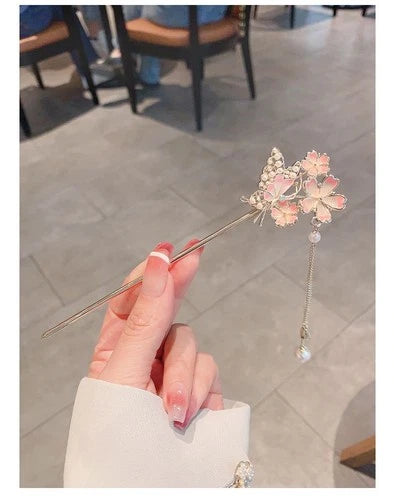Butterfly Peach Blossom Tassel Hairpin Chinese Style Hanfu Hair Accessory 07FC0E-D4 - KOEEK