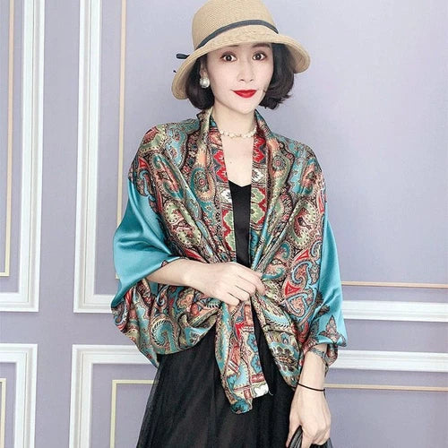 Satin Long Scarf Sun Protection Wrap Shawl Beach Cover Ethnic Style Qipao Scarf 07FC0E-D4 - KOEEK