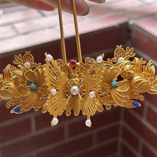 Golden Butterfly Tassel Hairpin Hanfu Headdress Traditional Bridal Hair Jewelry 07FC0E-D4 - KOEEK