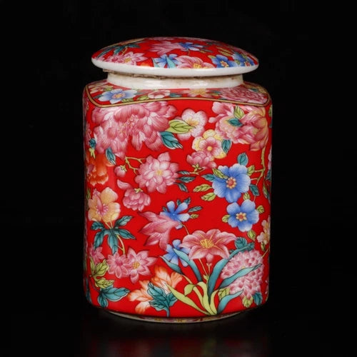 4.3" China Multi-Color Porcelain Red Glaze Ten Thousand Flower Teacaddy Pot 07FC0E-D4 - KOEEK
