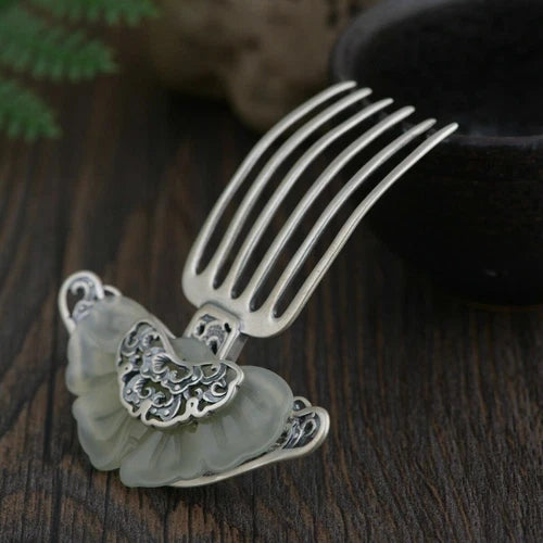 Tradition Chinese Artworks Hetian Jade Silver Hairpin Hair Clasp Accessory 07FC0E-D4 - KOEEK