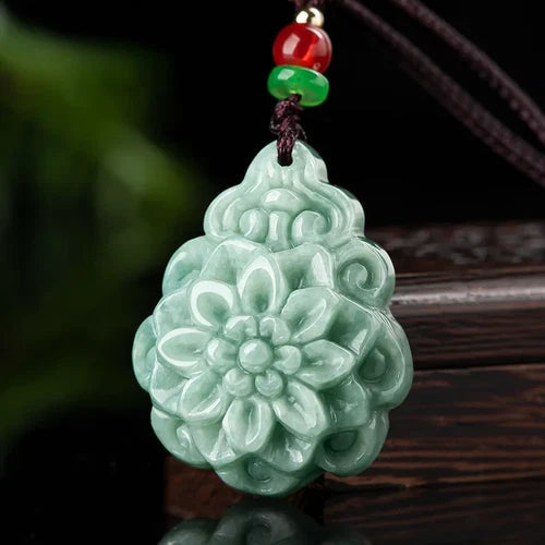Jadeite Rose Flowers Pendant Ice Kind Handmade Carved Women's Necklace 07FC0E-D4 - KOEEK
