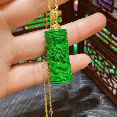 Full Green Cylinder Carved Dragon Pendant Chinese Style Vintage Jewelry 07FC0E-D4 - KOEEK
