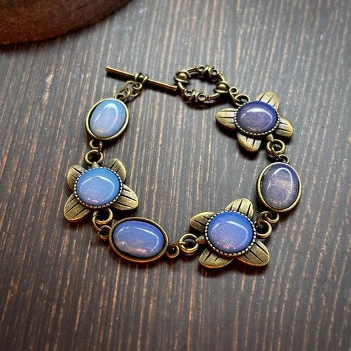 Vintage European Court Opal Bracelet Natural Stone Elegant Brass Butterfly 07FC0E-D4 - KOEEK