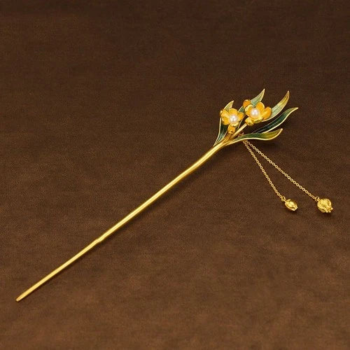 Cloisonne Daffodil Hairpin Chinese Style Tassel Hanfu Traditional Hair Jewelry 07FC0E-D4 - KOEEK