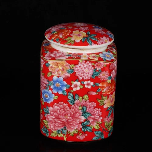 4.3" China Multi-Color Porcelain Red Glaze Ten Thousand Flower Teacaddy Pot 07FC0E-D4 - KOEEK