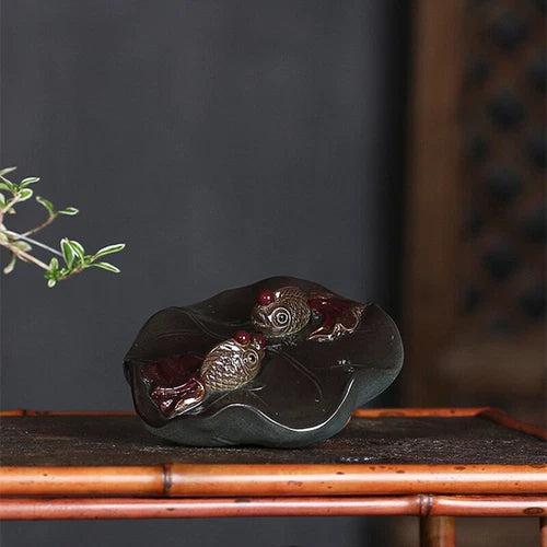 Color Change Tea Pet Yixing Zisha Tea Play Purple Clay Golden Fish on Lotus Leaf 07FC0E-D4 - KOEEK