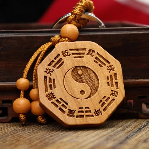 Taomu Taiji Yin Yang Bagua Mirror Keychain Necklace Pendant Bagua Wood Carving 07FC0E-D4 - KOEEK