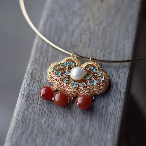 Cloisonne Choker Necklace Hollow Enamel Pendant Chinese Style Hanfu Jewelry 07FC0E-D4 - KOEEK