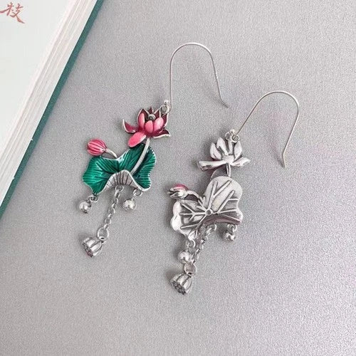 Cloisonne Lotus Leaf Tassel Earrings Vintage Ethnic Long Dangle Jewelry 07FC0E-D4 - KOEEK