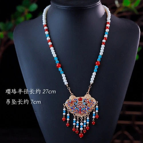 Chinese Cloisonne Blue Enamel Necklace Ethnic Hanfu Jewelry Elegant Accessory 07FC0E-D4 - KOEEK