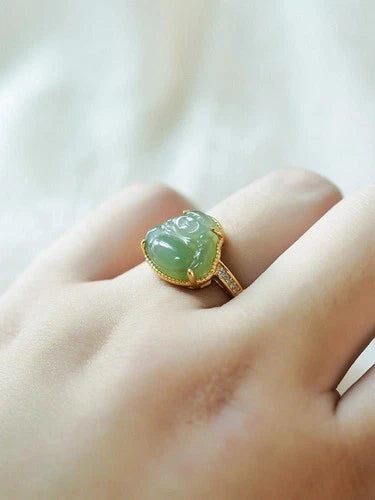 Hetian Jade Ring Female Laughing Buddha Carved Stone Adjustable Jewelry 07FC0E-D4 - KOEEK