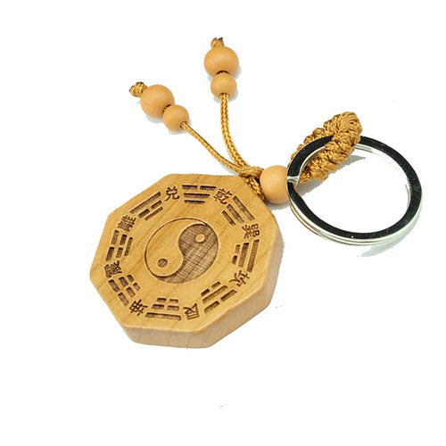 Taomu Taiji Yin Yang Bagua Mirror Keychain Necklace Pendant Bagua Wood Carving 07FC0E-D4 - KOEEK