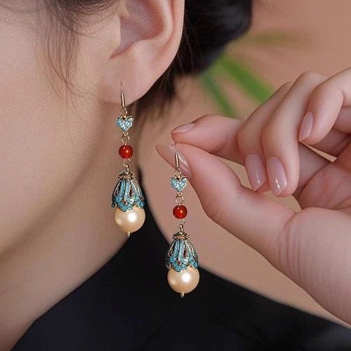 Chinese Style Enamel Red Pearl Dangle Earrings  Chinese Hanfu Jewelry 07FC0E-D4 - KOEEK