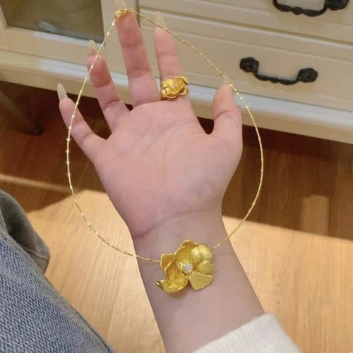 Chinese Style Peony Flower Necklace Brushed Gold Plated Choker Jewelry 07FC0E-D4 - KOEEK