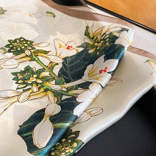Silk Scarf Women Beige Green Flower Head Bandana Small Kerchief Turban 53cm 07FC0E-D4 - KOEEK