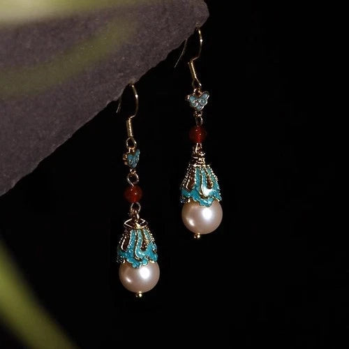 Chinese Style Enamel Red Pearl Dangle Earrings  Chinese Hanfu Jewelry 07FC0E-D4 - KOEEK