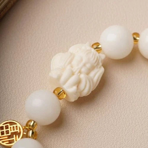 White Jade Bodhi Beads Bracelet Nine-Tailed Fox  Hand String Unisex 07FC0E-D4 - KOEEK