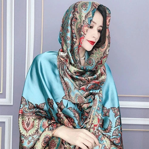 Satin Long Scarf Sun Protection Wrap Shawl Beach Cover Ethnic Style Qipao Scarf 07FC0E-D4 - KOEEK