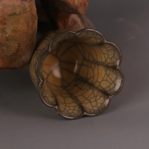 2.8" Good Chinese Song Porcelain Ge Kiln Yellow Glaze Gold Wire Sunflower Cup 07FC0E-D4 - KOEEK