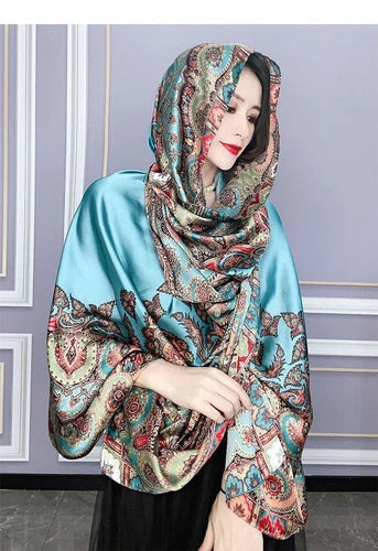Satin Long Scarf Sun Protection Wrap Shawl Beach Cover Ethnic Style Qipao Scarf 07FC0E-D4 - KOEEK