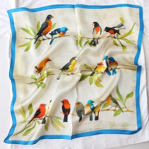 Silk 21" Square Scarf Women Kerchief Bandana Neckerchief Blue Beige Birds 07FC0E-D4 - KOEEK