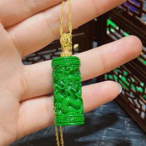 Full Green Cylinder Carved Dragon Pendant Chinese Style Vintage Jewelry 07FC0E-D4 - KOEEK