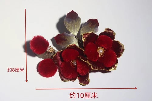 Chinese Style Velvet Flower Hairpin Hanfu Headpiece Red Camellia Hair Clip 07FC0E-D4 - KOEEK