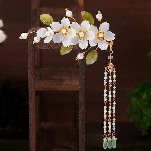Chinese Style Hanfu Headpiece Floral Tassel Side Hair Clip Glass Petal Accessory 07FC0E-D4 - KOEEK