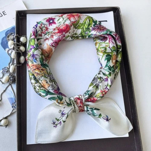 Pure Silk Square Scarf Women Neckerchief Wrap Kerchief Black White Flowers 07FC0E-D4 - KOEEK