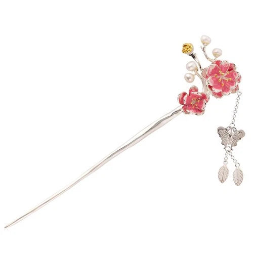 Silver Plated Plum Blossom Tassel Hairpin Chinese Style Hanfu Hair Stick 07FC0E-D4 - KOEEK